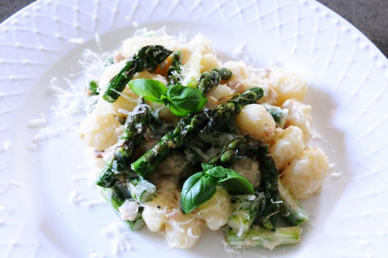 Gnocchi with Asparagus, Edamame, and Parmesan ready to serve.