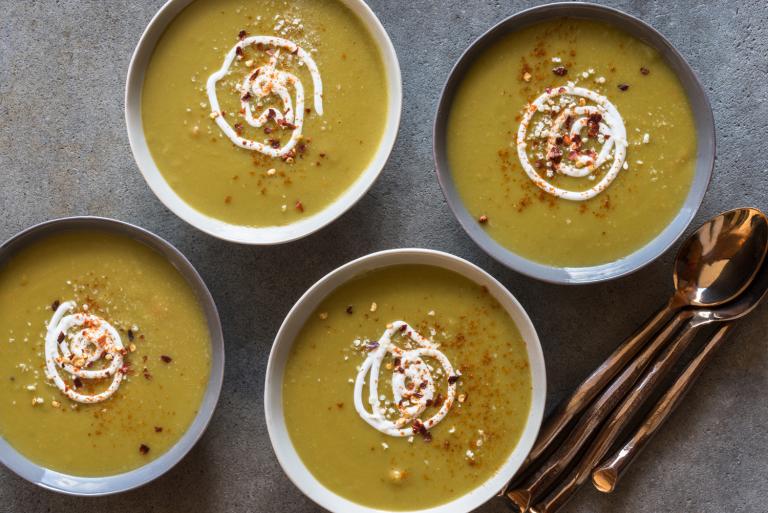 Four bowls of garnished Split Pea Soup.